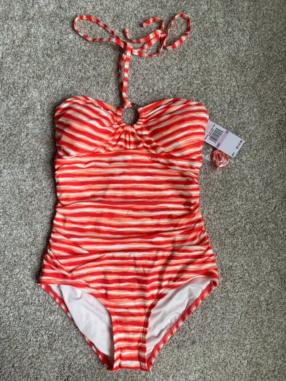Michael Kors Women's Keyhole One-Piece Swimsuit, Orange/Red Stripe, size 6 NWT